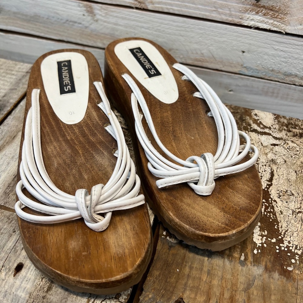 Vintage Candies White Strappy Wood Platform Slide Sandals Y2K Size 10